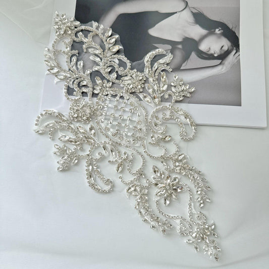 Silver Rhinestone Applique Patch | Handmade Crystal Beaded Embellishment | Bridal Dance Dress DIY Costume Accessory - Poppylollipop