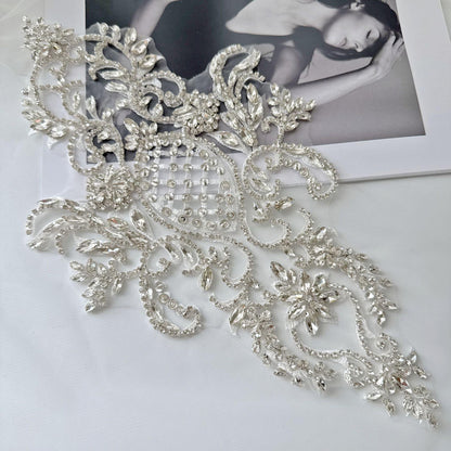 Silver Rhinestone Applique Patch | Handmade Crystal Beaded Embellishment | Bridal Dance Dress DIY Costume Accessory - Poppylollipop