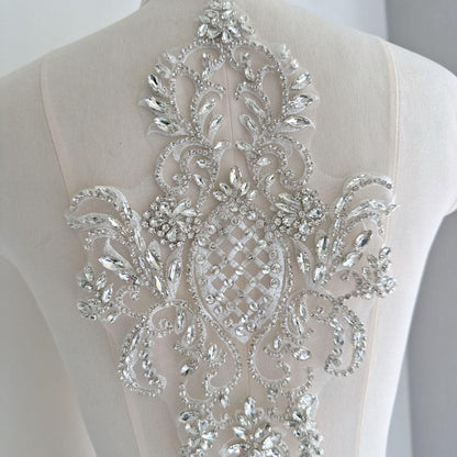 Silver Rhinestone Applique Patch | Handmade Crystal Beaded Embellishment | Bridal Dance Dress DIY Costume Accessory - Poppylollipop