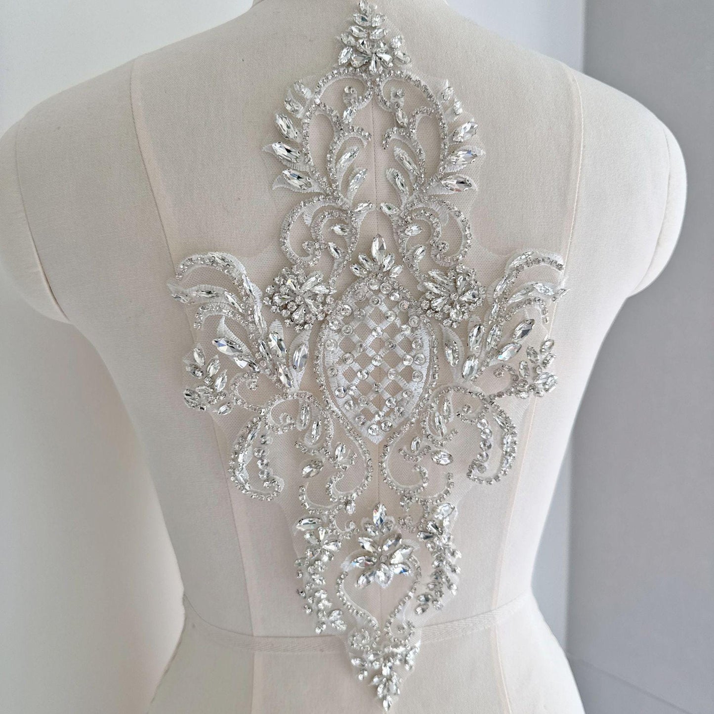 Silver Rhinestone Applique Patch | Handmade Crystal Beaded Embellishment | Bridal Dance Dress DIY Costume Accessory - Poppylollipop
