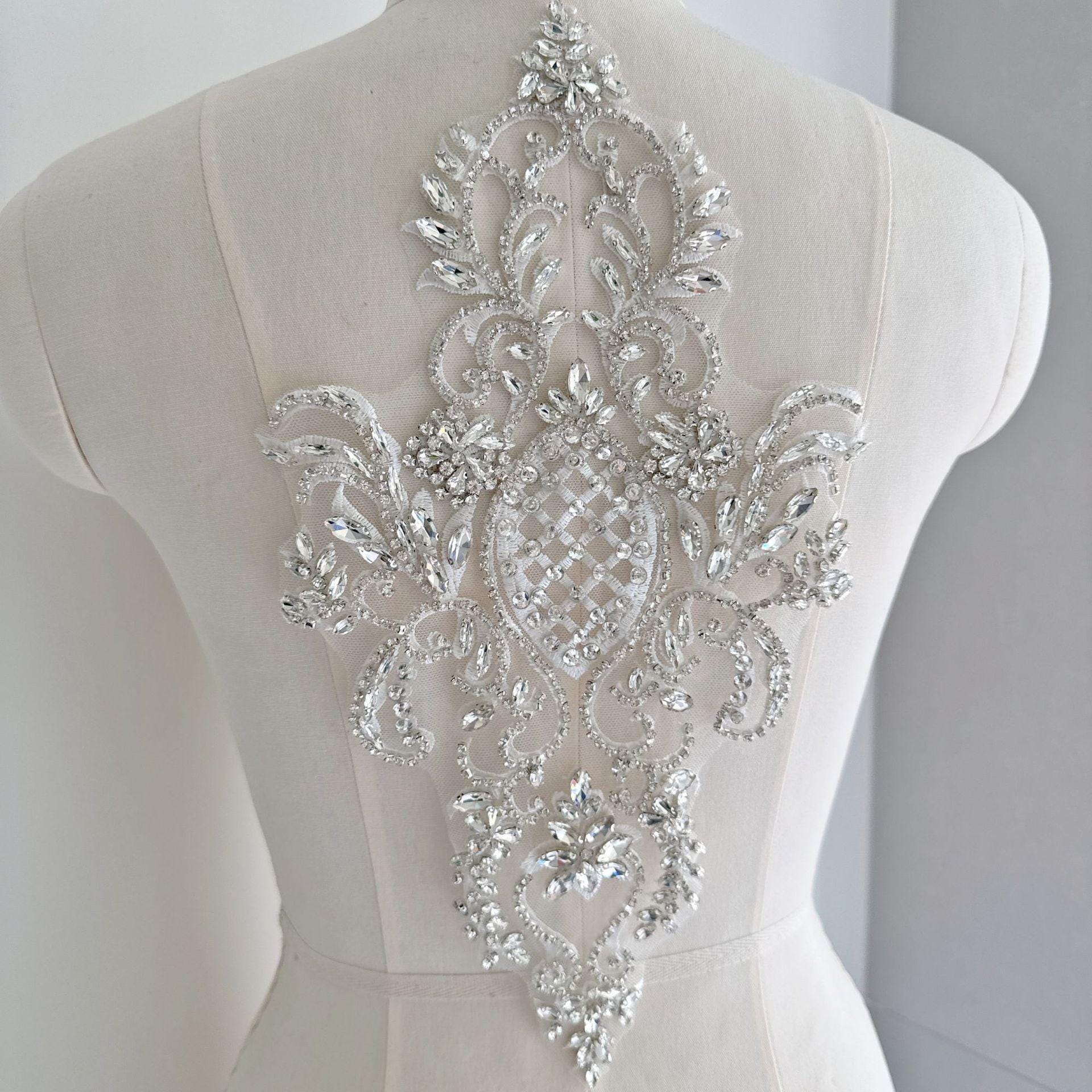 Silver Rhinestone Applique Patch | Handmade Crystal Beaded Embellishment | Bridal Dance Dress DIY Costume Accessory - Poppylollipop