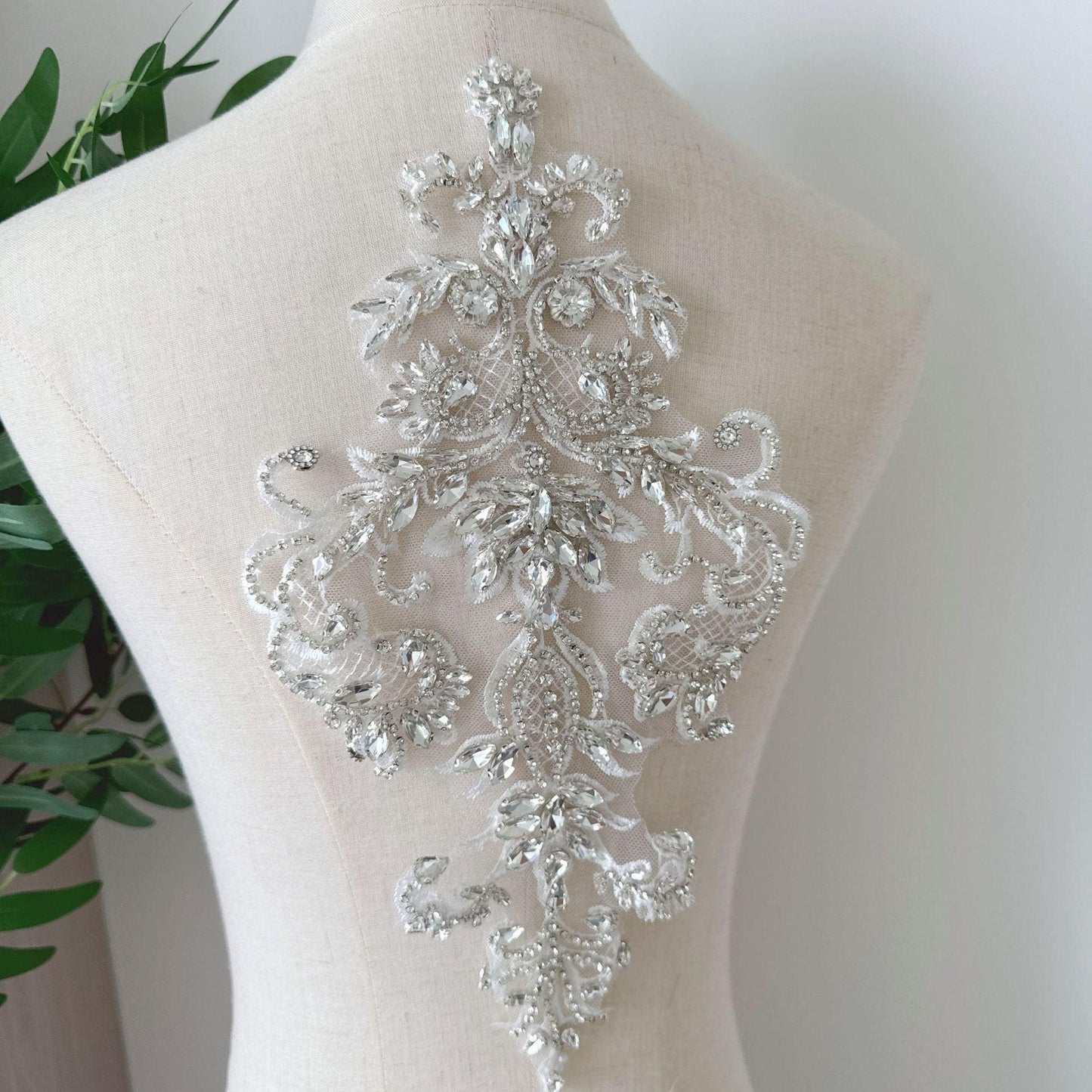 Silver Geometric Floral Rhinestone Applique | Handmade Crystal Beaded Patch | Bridal Bodice Waist Back Wedding DIY - Poppylollipop