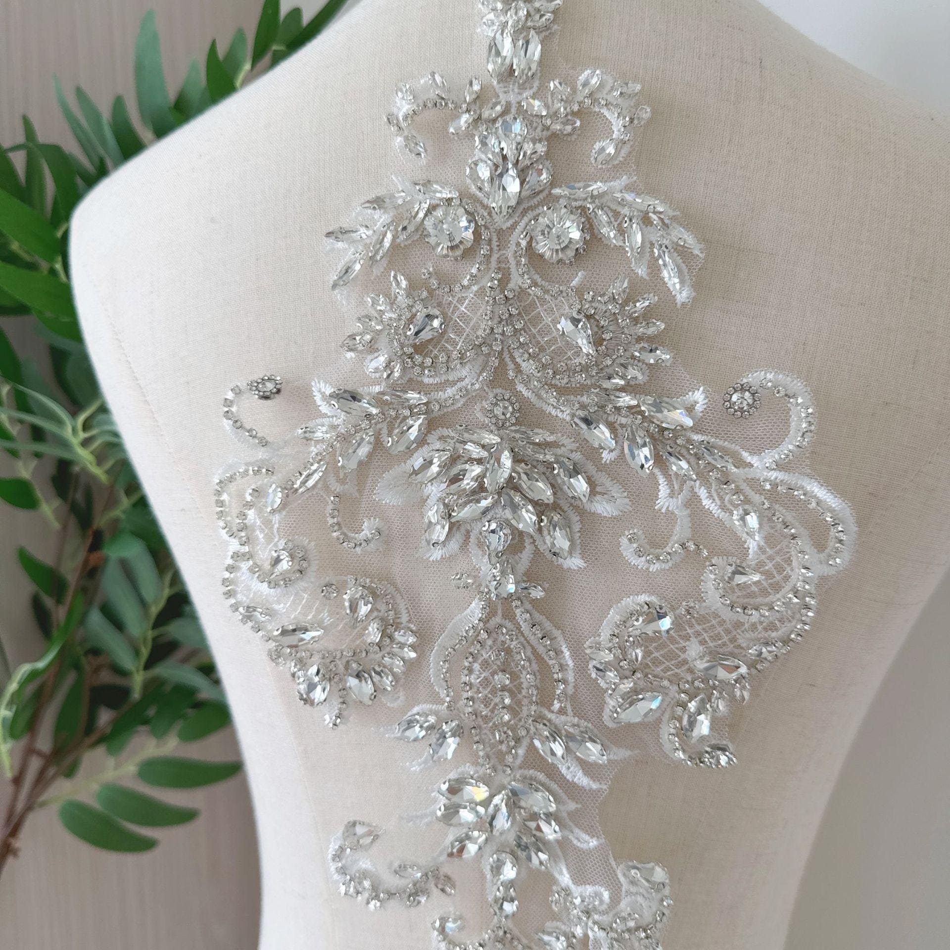 Silver Geometric Floral Rhinestone Applique | Handmade Crystal Beaded Patch | Bridal Bodice Waist Back Wedding DIY - Poppylollipop