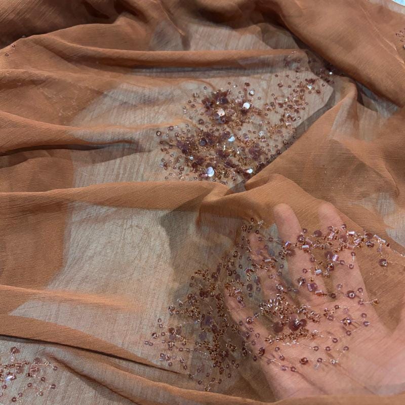 Heavy Beaded Embroidered Fabric Sequin Floral Chiffon Crepe | Couture Bridal Dress Fabric | Luxury Evening Gown Textile - Poppylollipop