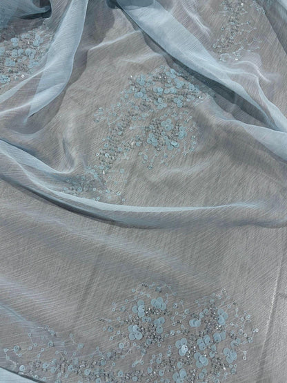 Heavy Beaded Embroidered Fabric Sequin Floral Chiffon Crepe | Couture Bridal Dress Fabric | Luxury Evening Gown Textile - Poppylollipop