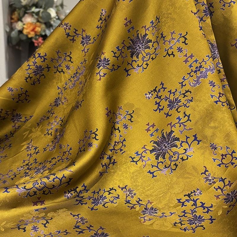 Luxury Silk Blend Xiangyunsha Fabric | Enamel Floral Bat Motif Satin Brocade with Gold Thread | Traditional Oriental Couture Textile