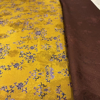Luxury Silk Blend Xiangyunsha Fabric | Enamel Floral Bat Motif Satin Brocade with Gold Thread | Traditional Oriental Couture Textile