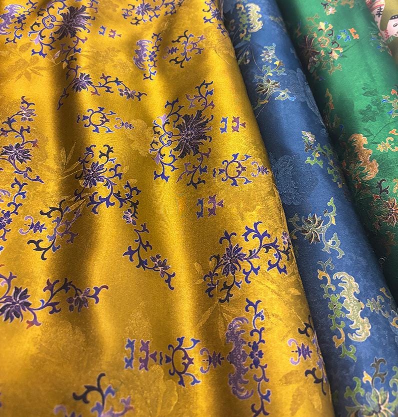 Luxury Silk Blend Xiangyunsha Fabric | Enamel Floral Bat Motif Satin Brocade with Gold Thread | Traditional Oriental Couture Textile