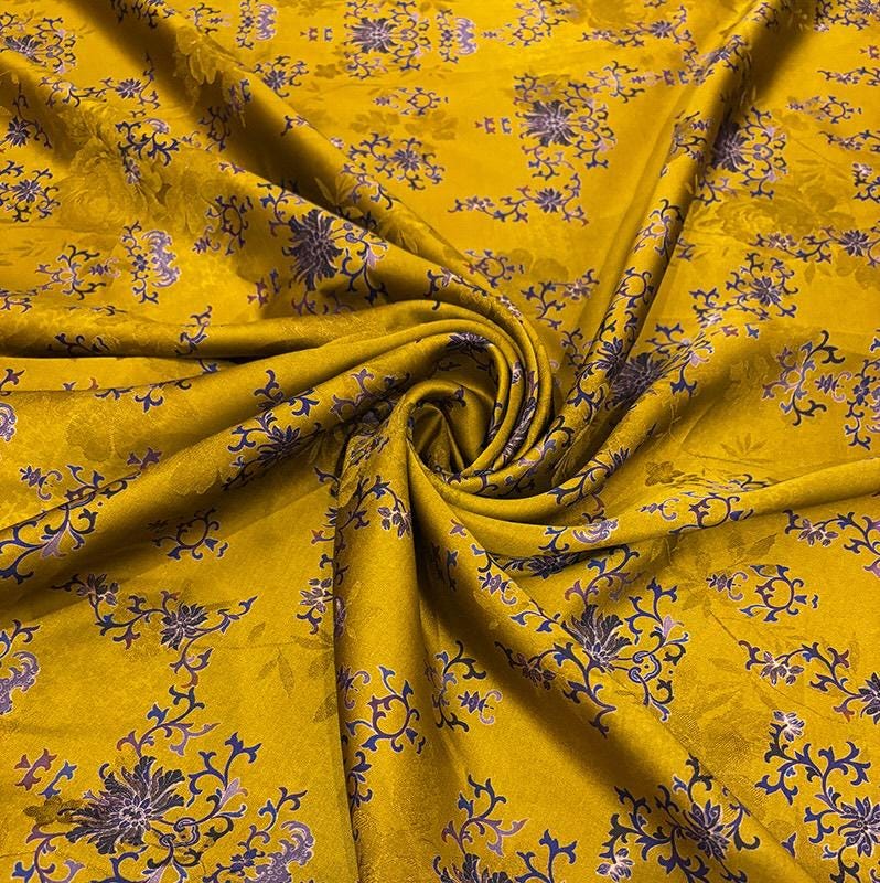 Luxury Silk Blend Xiangyunsha Fabric | Enamel Floral Bat Motif Satin Brocade with Gold Thread | Traditional Oriental Couture Textile