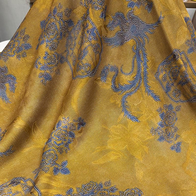 Luxury Mulberry Silk Xiangyunsha Fabric | Phoenix Motif Floral Luo Brocade Weave Textile | Traditional Oriental Couture Fabric - Poppylollipop