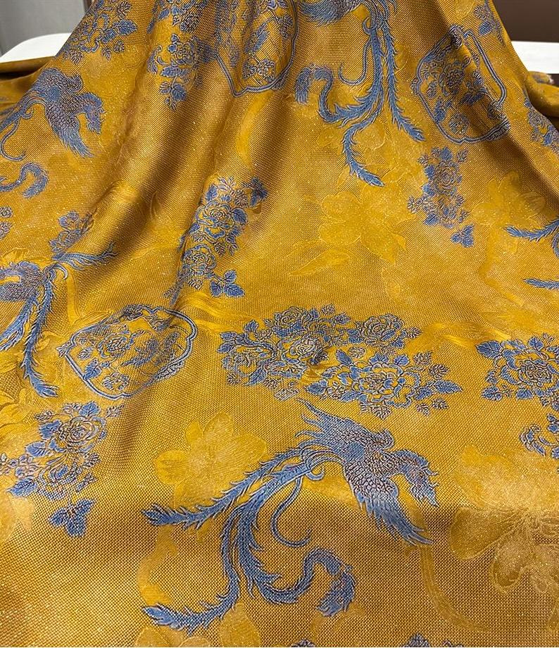 Luxury Mulberry Silk Xiangyunsha Fabric | Phoenix Motif Floral Luo Brocade Weave Textile | Traditional Oriental Couture Fabric - Poppylollipop