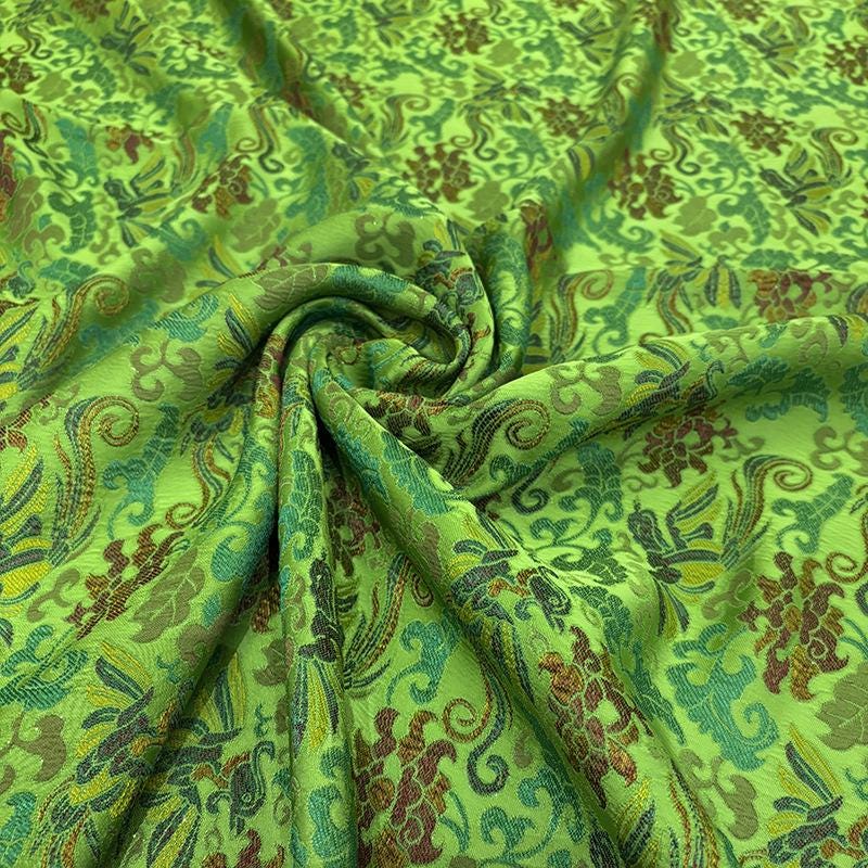 Phoenix Perching on Wutong Tree Jacquard Fabric | Gold Thread Woven Plant - Based Silk Textile | Elegant Oriental Dress & Decor Fabric - Poppylollipop