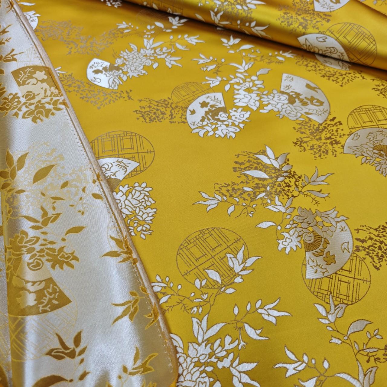 Chinese Brocade Satin Fabric by Yard, Window Pattern Jacquard Fabric, Soft Smooth Damask Textile for Dress Upholstery Decor, 3 Colors - Poppylollipop