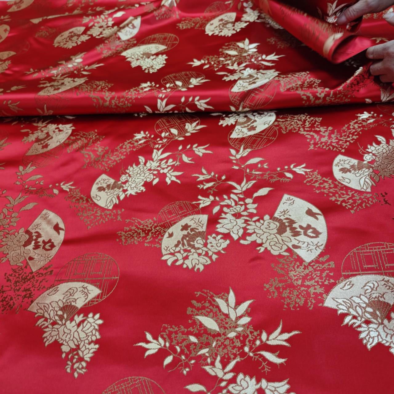 Chinese Brocade Satin Fabric by Yard, Window Pattern Jacquard Fabric, Soft Smooth Damask Textile for Dress Upholstery Decor, 3 Colors - Poppylollipop