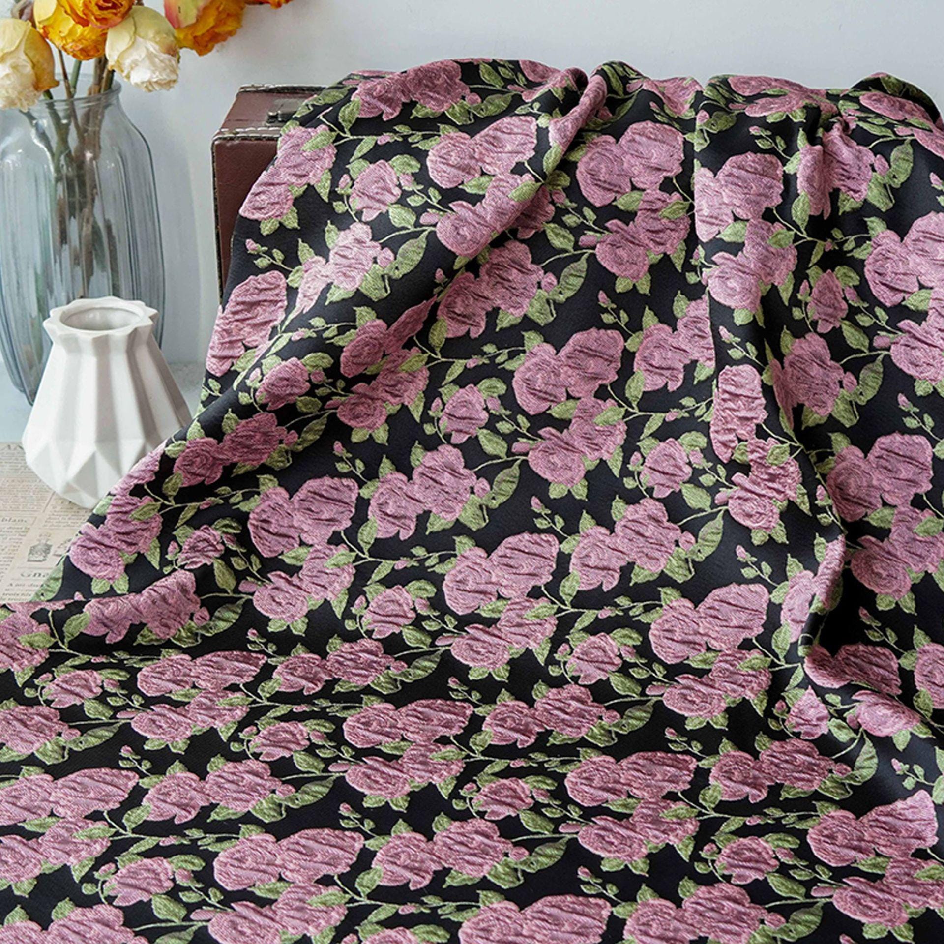 Pink Rose Brocade Jacquard Fabric by Yard, Vintage Floral Embossed Upholstery Textile, Romantic Victorian Fabric for Curtains Pillows Bags - Poppylollipop