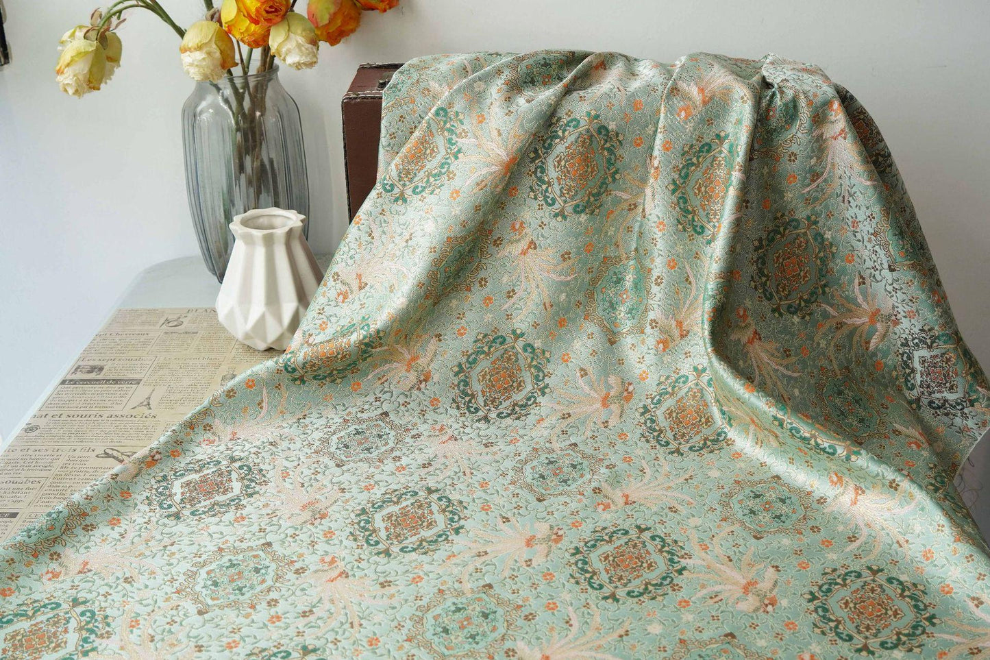 Mint Green Chinese Brocade Fabric by Yard, Phoenix Floral Jacquard Satin, Soft Oriental Fabric for Dress Curtains Pillows Crafts - Poppylollipop