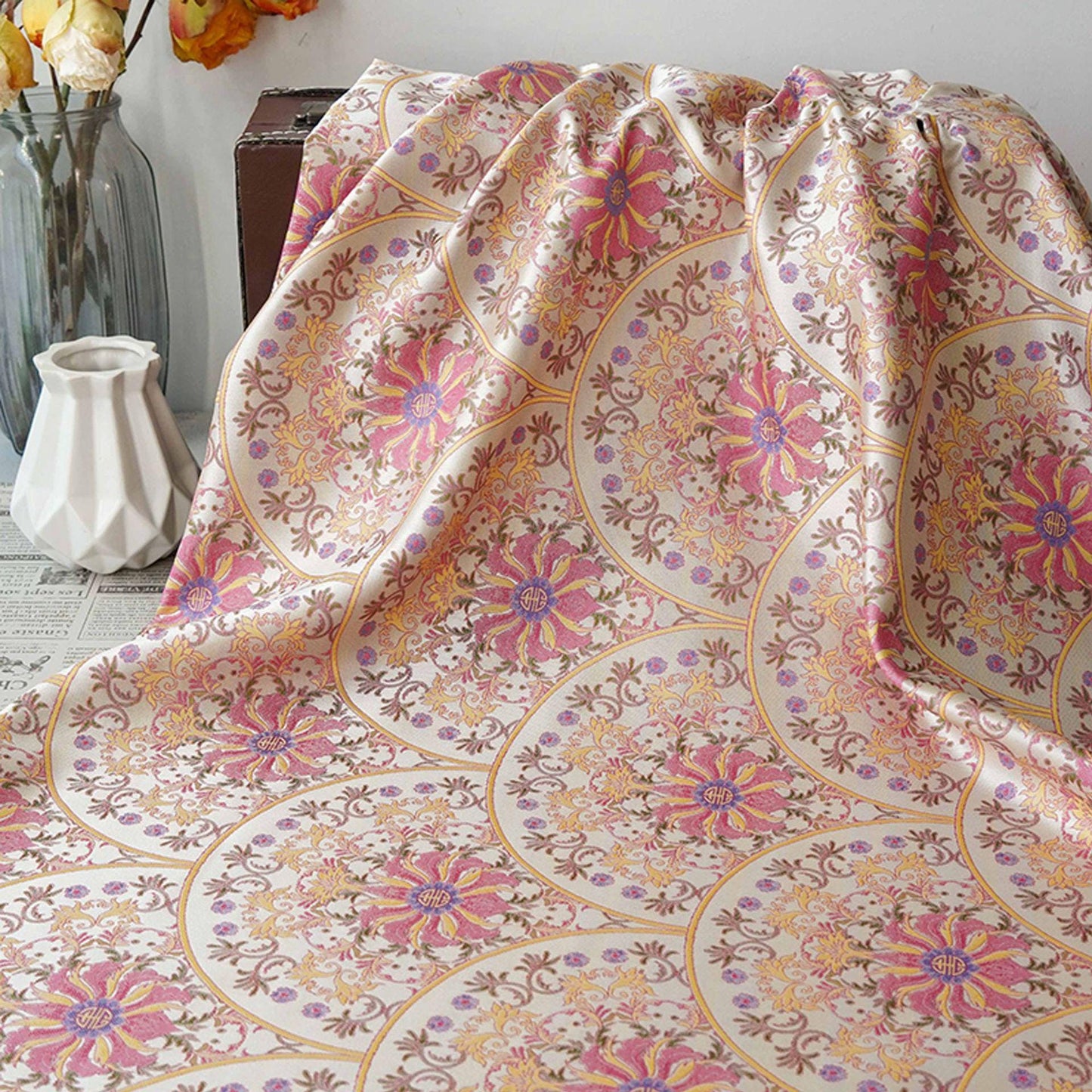 Song Brocade Fabric Double Sided | Fan Floral Jacquard | Multicolor | 65" Wide | Chinese Vintage Hanfu Home Decor - Poppylollipop