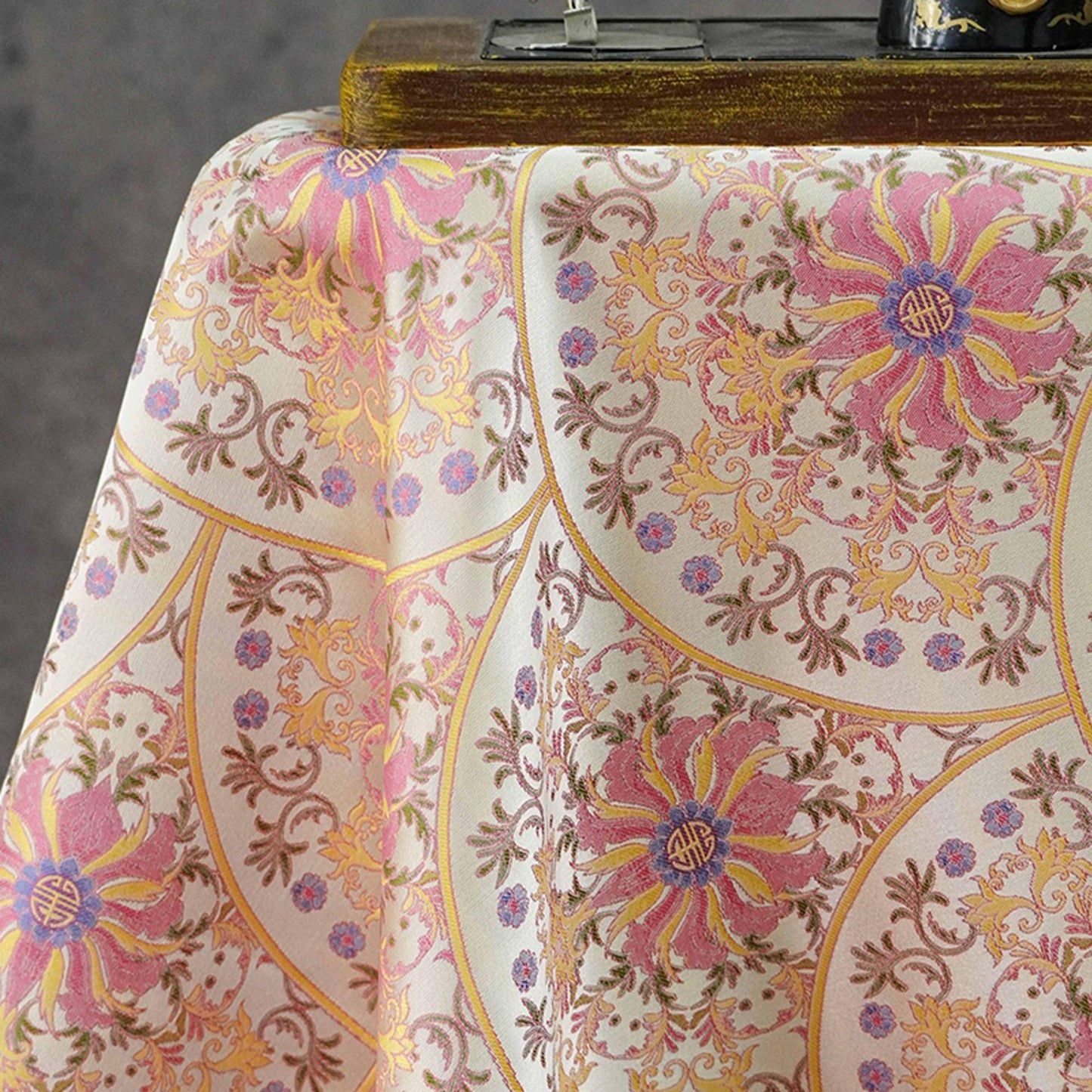 Song Brocade Fabric Double Sided | Fan Floral Jacquard | Multicolor | 65" Wide | Chinese Vintage Hanfu Home Decor - Poppylollipop