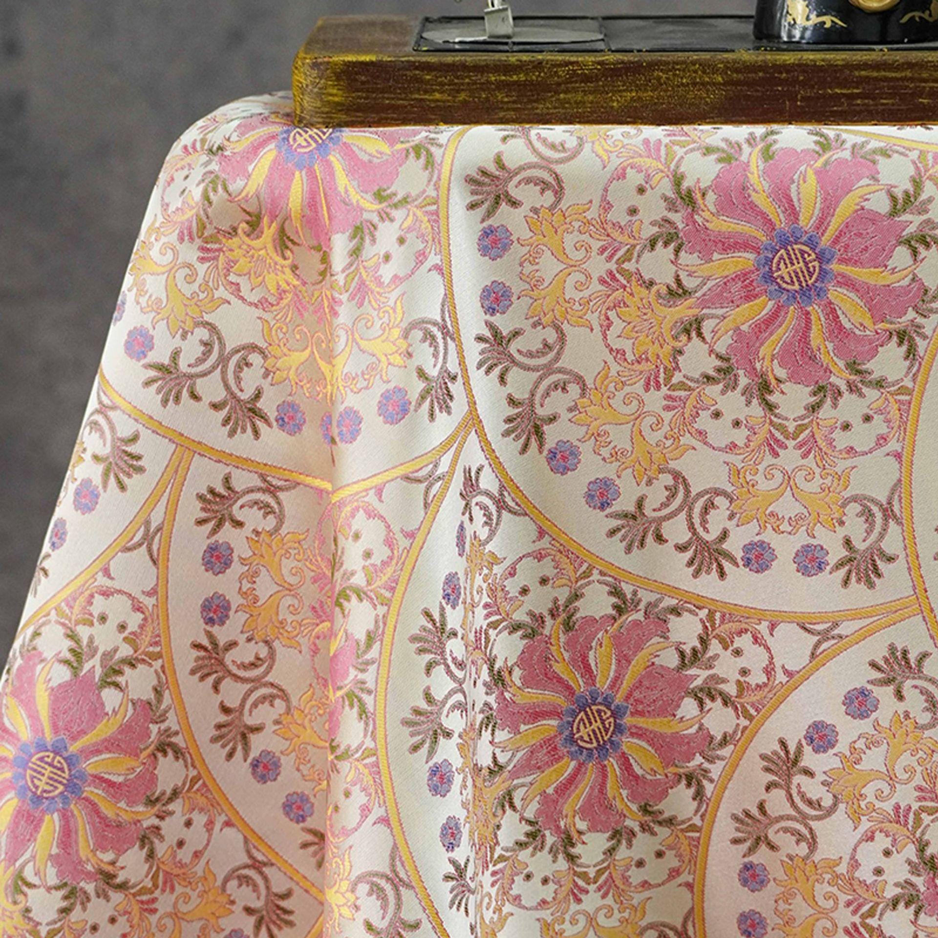 Song Brocade Fabric Double Sided | Fan Floral Jacquard | Multicolor | 65" Wide | Chinese Vintage Hanfu Home Decor - Poppylollipop