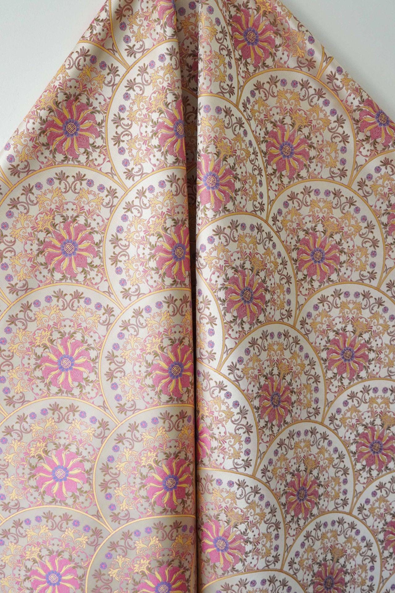Song Brocade Fabric Double Sided | Fan Floral Jacquard | Multicolor | 65" Wide | Chinese Vintage Hanfu Home Decor - Poppylollipop