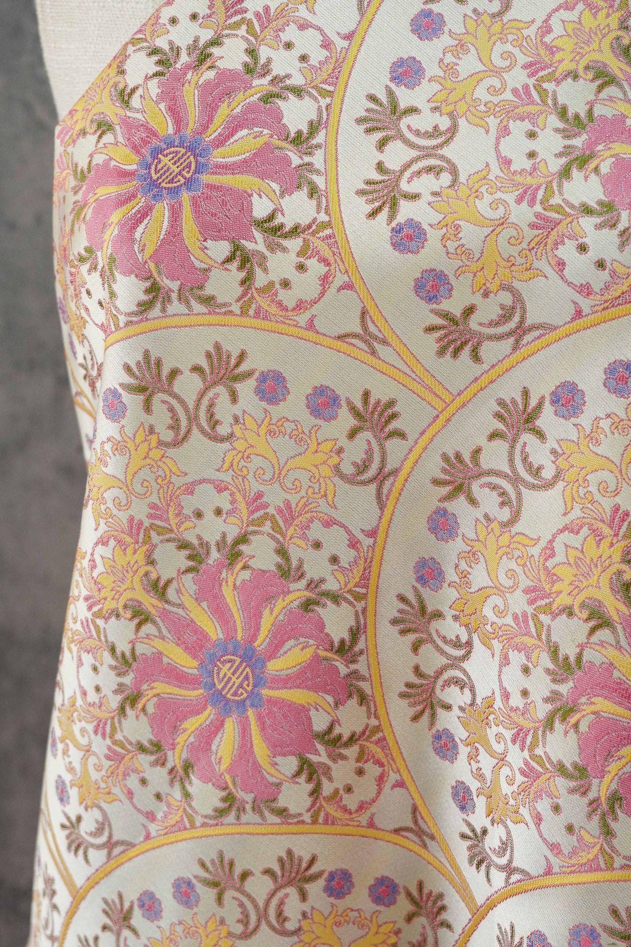 Song Brocade Fabric Double Sided | Fan Floral Jacquard | Multicolor | 65" Wide | Chinese Vintage Hanfu Home Decor - Poppylollipop