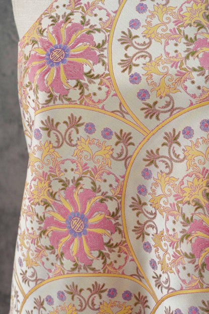 Song Brocade Fabric Double Sided | Fan Floral Jacquard | Multicolor | 65" Wide | Chinese Vintage Hanfu Home Decor - Poppylollipop
