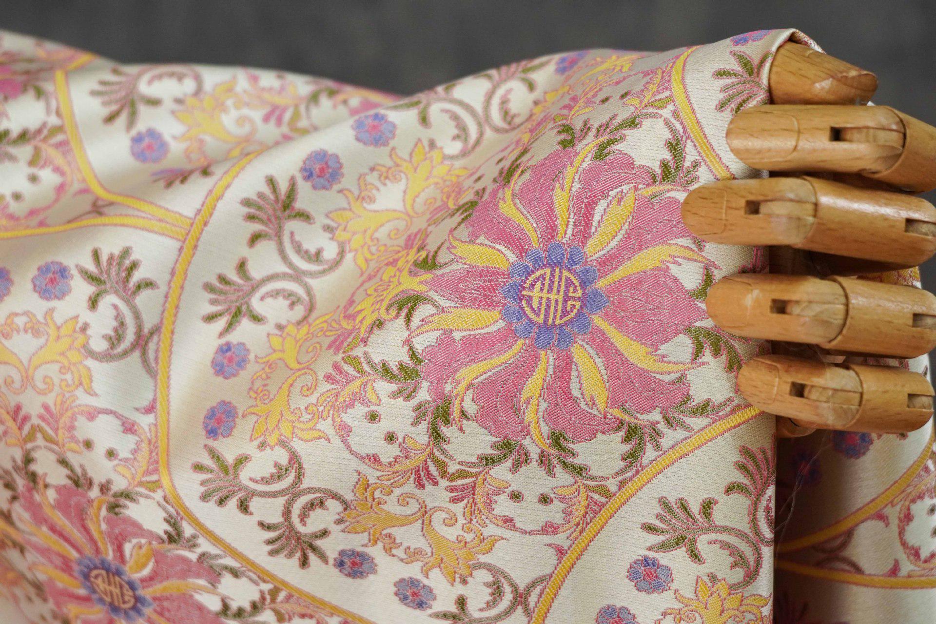 Song Brocade Fabric Double Sided | Fan Floral Jacquard | Multicolor | 65" Wide | Chinese Vintage Hanfu Home Decor - Poppylollipop