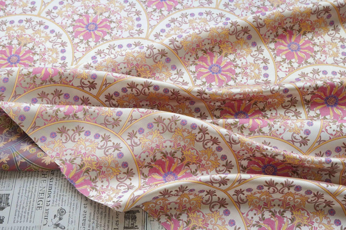 Song Brocade Fabric Double Sided | Fan Floral Jacquard | Multicolor | 65" Wide | Chinese Vintage Hanfu Home Decor - Poppylollipop