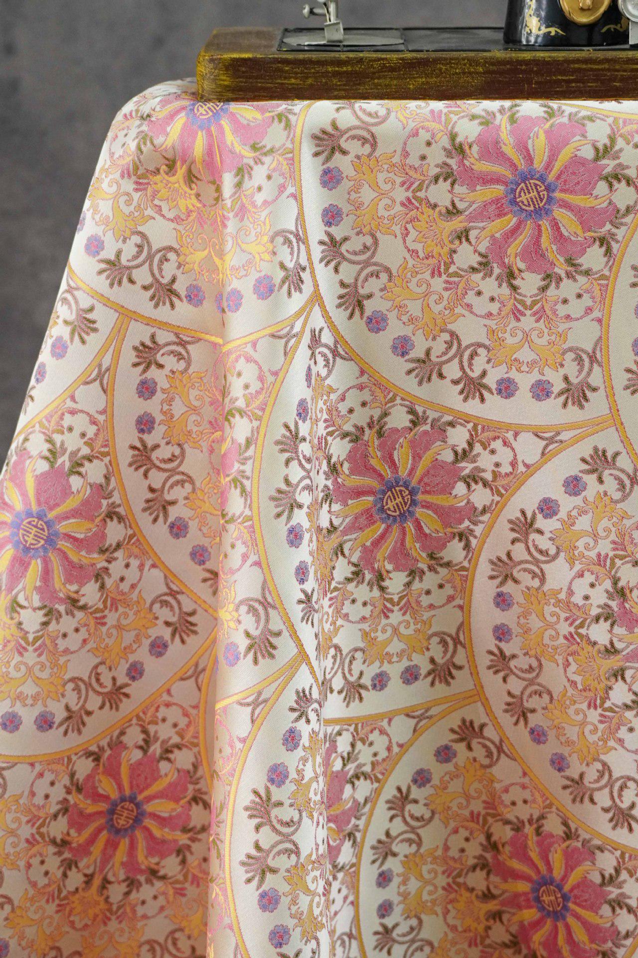 Song Brocade Fabric Double Sided | Fan Floral Jacquard | Multicolor | 65" Wide | Chinese Vintage Hanfu Home Decor - Poppylollipop