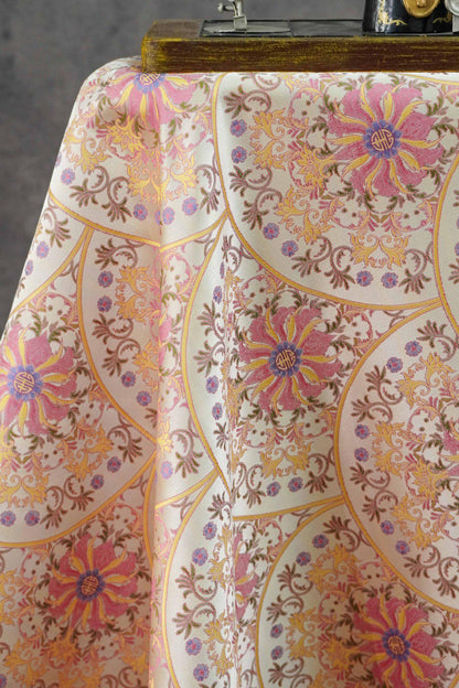 Song Brocade Fabric Double Sided | Fan Floral Jacquard | Multicolor | 65" Wide | Chinese Vintage Hanfu Home Decor - Poppylollipop