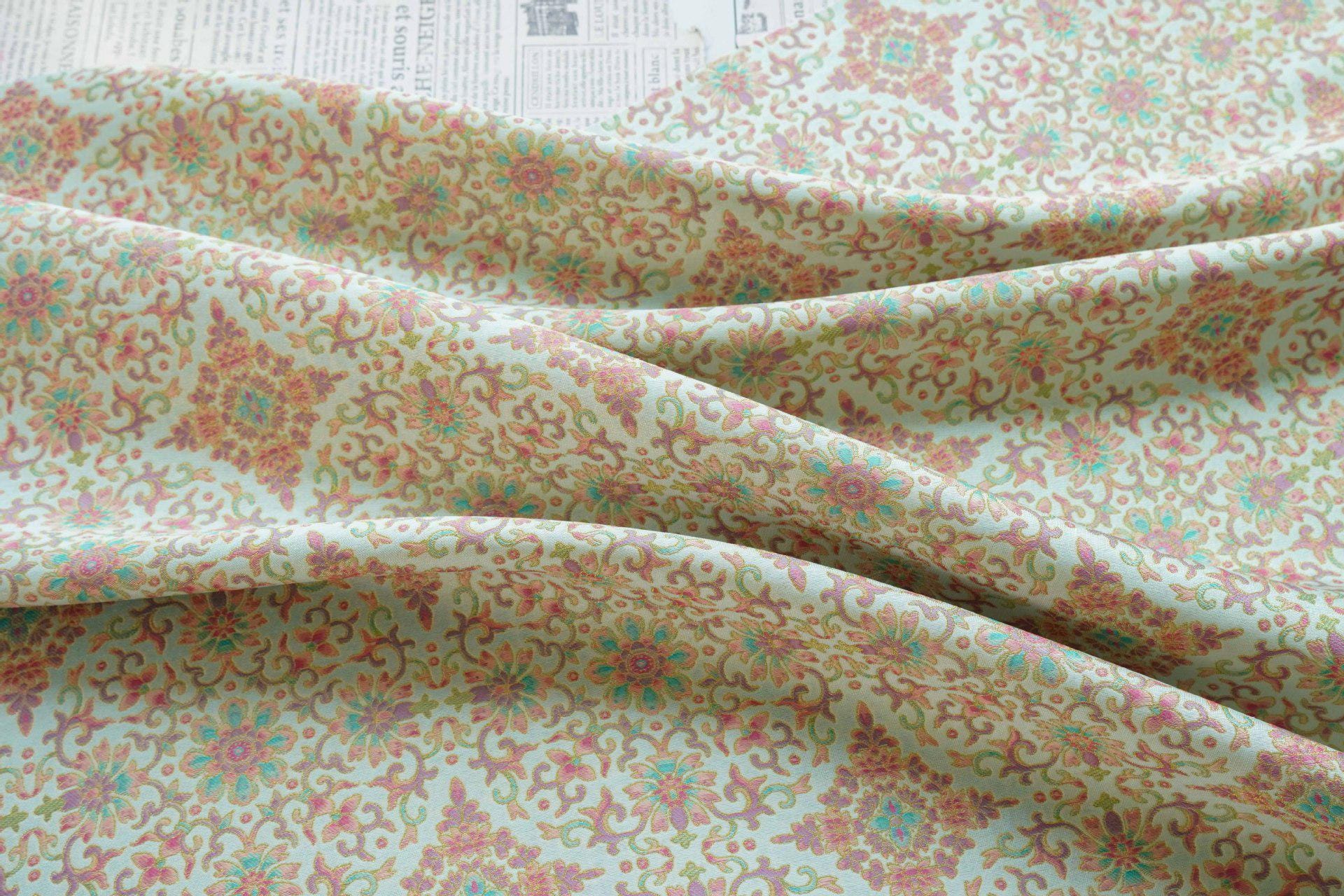 Dunhuang Floral Jacquard Fabric Gold Thread | Scrolling Vine Brocade | Double Sided | 58" Wide | Chinese Decor Hanfu - Poppylollipop