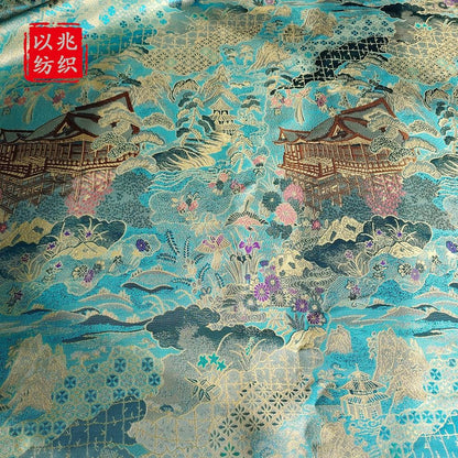 Luxury Chinese Pavilion Brocade Fabric, Oriental Jacquard Satin with Traditional Architecture Motif for Hanfu Home Decor, 57"Wide - Poppylollipop