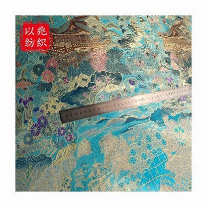 Luxury Chinese Pavilion Brocade Fabric, Oriental Jacquard Satin with Traditional Architecture Motif for Hanfu Home Decor, 57"Wide - Poppylollipop