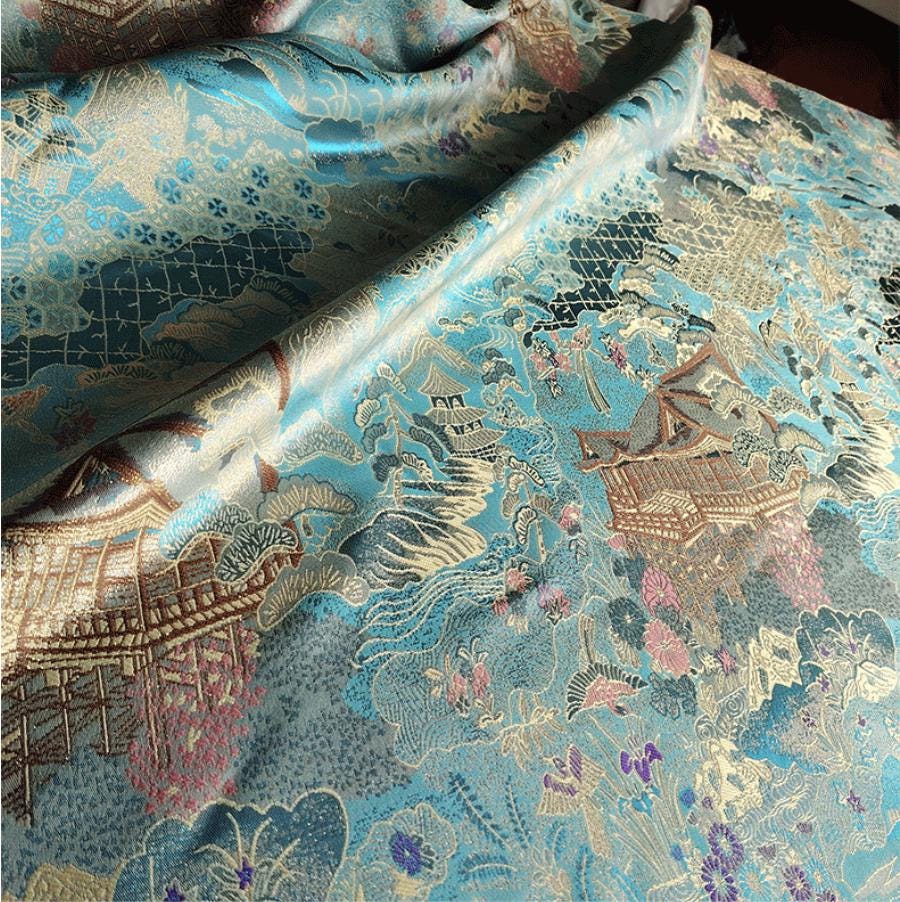 Luxury Chinese Pavilion Brocade Fabric, Oriental Jacquard Satin with Traditional Architecture Motif for Hanfu Home Decor, 57"Wide - Poppylollipop