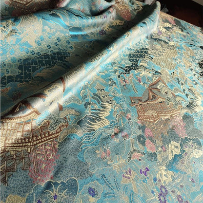 Luxury Chinese Pavilion Brocade Fabric, Oriental Jacquard Satin with Traditional Architecture Motif for Hanfu Home Decor, 57"Wide - Poppylollipop