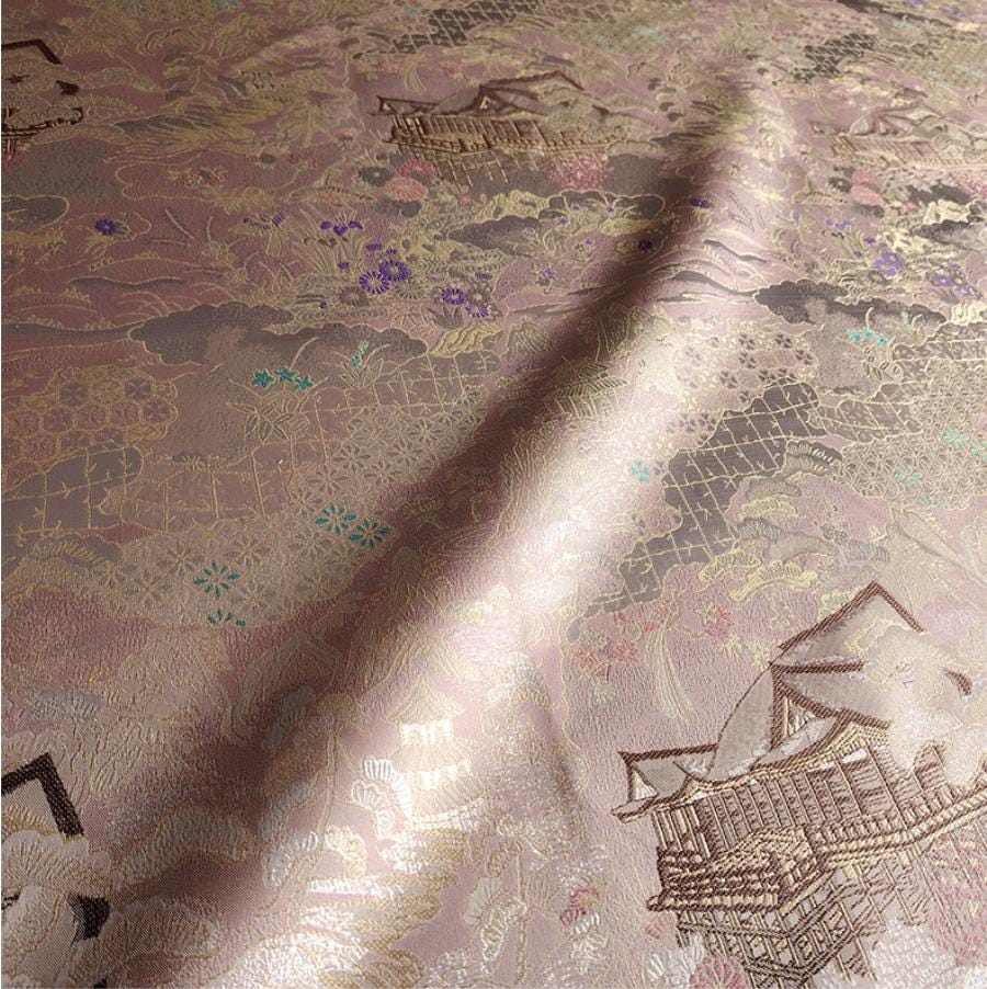 Luxury Chinese Pavilion Brocade Fabric, Oriental Jacquard Satin with Traditional Architecture Motif for Hanfu Home Decor, 57"Wide - Poppylollipop
