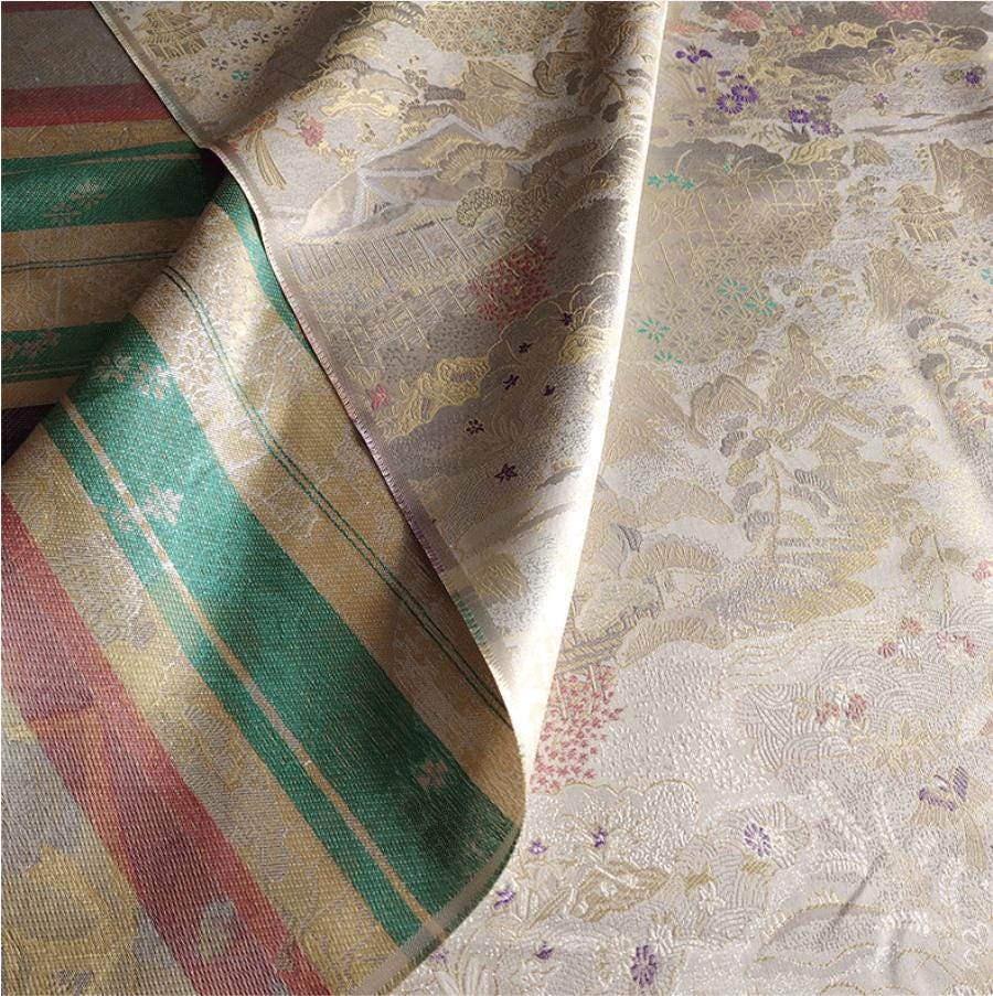 Luxury Chinese Pavilion Brocade Fabric, Oriental Jacquard Satin with Traditional Architecture Motif for Hanfu Home Decor, 57"Wide - Poppylollipop