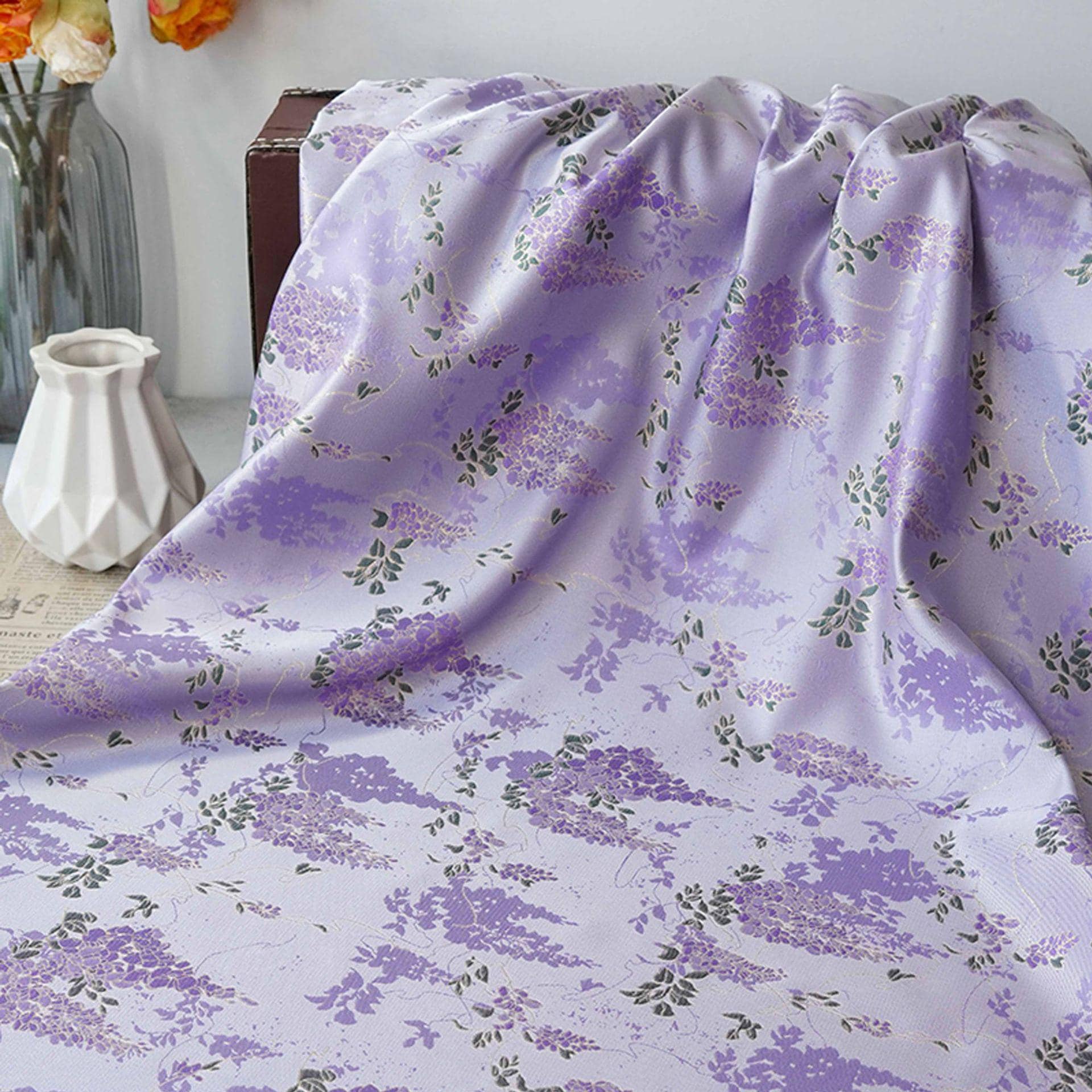Chinese Wisteria Brocade Fabric, Gold Metallic Jacquard Satin Textile by Yard, Elegant Oriental Floral Fabric for Dress Upholstery Crafts
