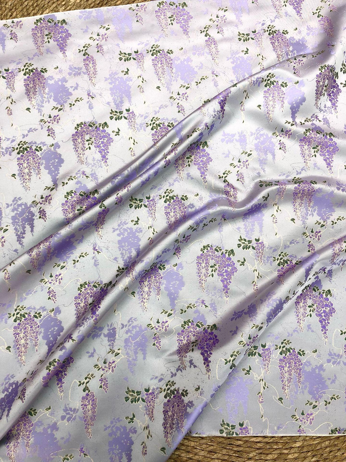 Chinese Wisteria Brocade Fabric, Gold Metallic Jacquard Satin Textile by Yard, Elegant Oriental Floral Fabric for Dress Upholstery Crafts
