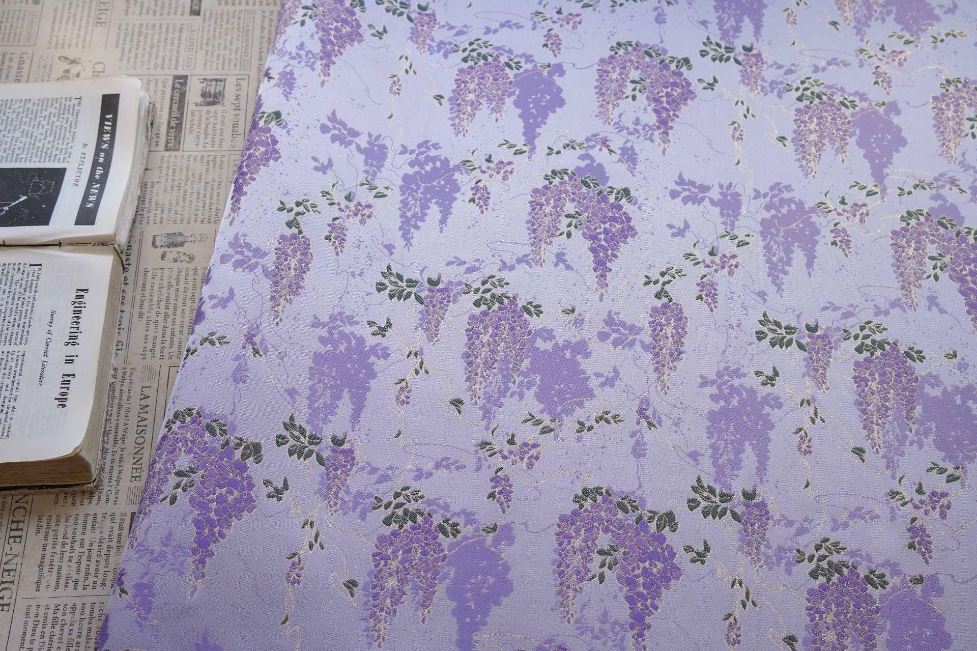 Chinese Wisteria Brocade Fabric, Gold Metallic Jacquard Satin Textile by Yard, Elegant Oriental Floral Fabric for Dress Upholstery Crafts