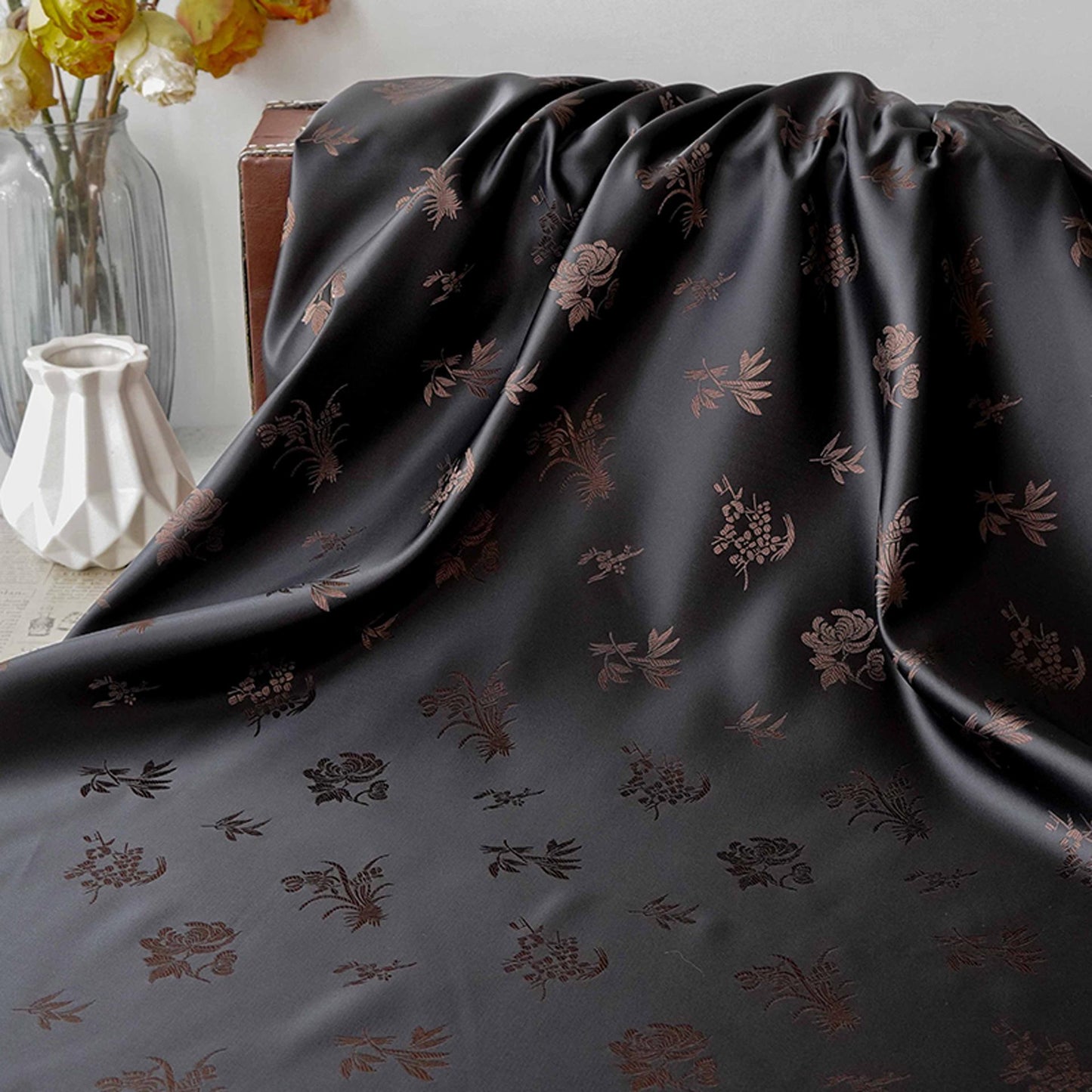 Chinese Floral Brocade Fabric by Yard, Plum Orchid Bamboo Chrysanthemum Jacquard, Oriental Satin Fabric for Sewing Decor Crafts - Poppylollipop