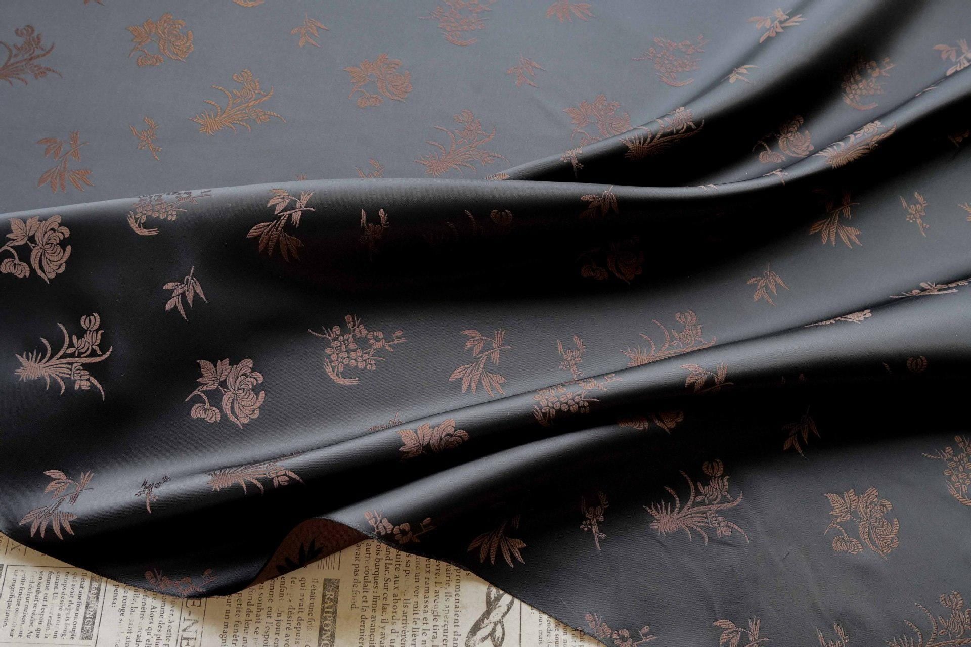 Chinese Floral Brocade Fabric by Yard, Plum Orchid Bamboo Chrysanthemum Jacquard, Oriental Satin Fabric for Sewing Decor Crafts