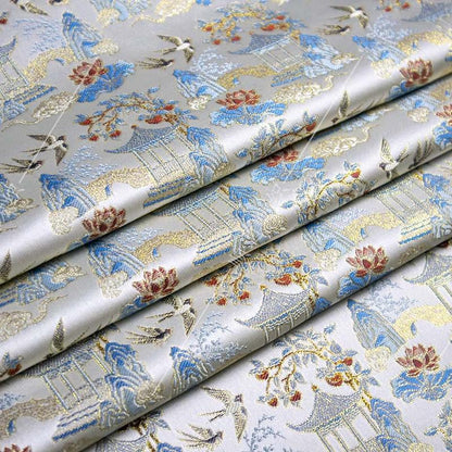Chinese Pavilion Brocade Fabric | Vintage Landscape Jacquard | Ancient Architecture Pattern | Hanfu Decor Costume, 59"Wide