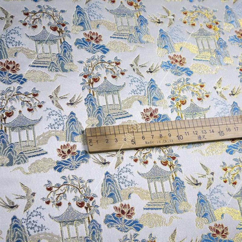 Chinese Pavilion Brocade Fabric | Vintage Landscape Jacquard | Ancient Architecture Pattern | Hanfu Decor Costume, 59"Wide