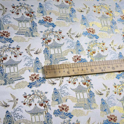 Chinese Pavilion Brocade Fabric | Vintage Landscape Jacquard | Ancient Architecture Pattern | Hanfu Decor Costume, 59"Wide