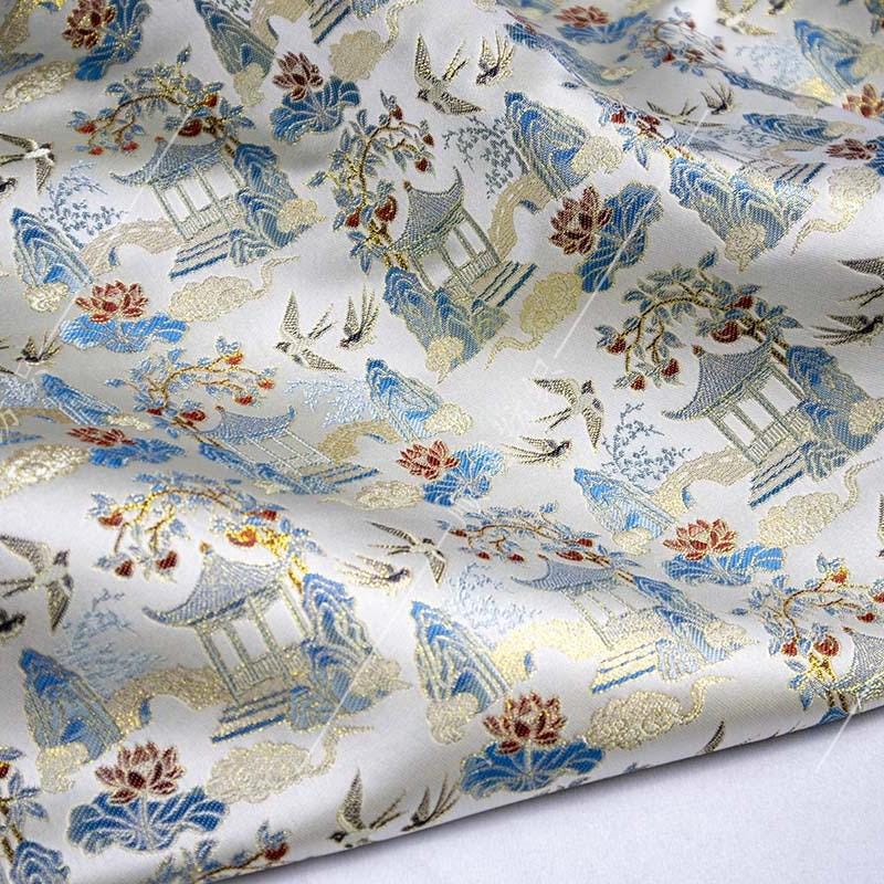 Chinese Pavilion Brocade Fabric | Vintage Landscape Jacquard | Ancient Architecture Pattern | Hanfu Decor Costume, 59"Wide