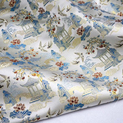 Chinese Pavilion Brocade Fabric | Vintage Landscape Jacquard | Ancient Architecture Pattern | Hanfu Decor Costume, 59"Wide