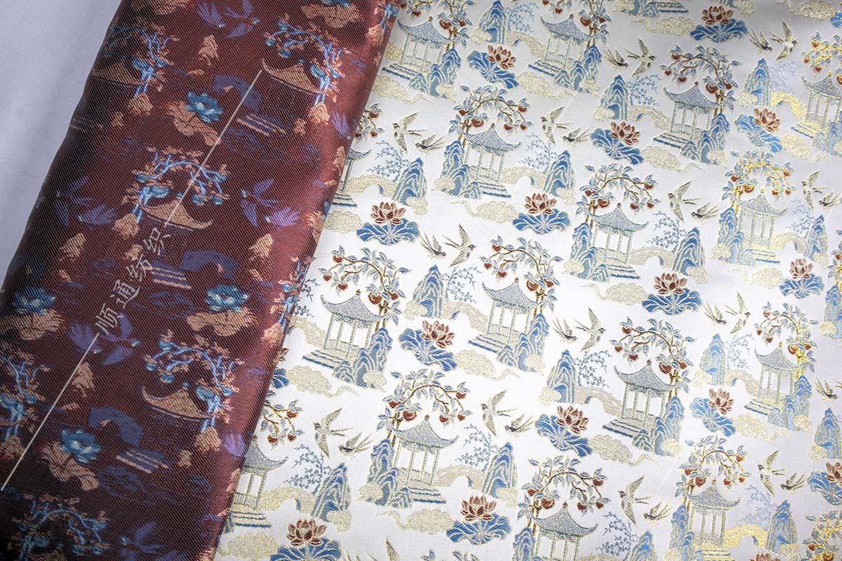 Chinese Pavilion Brocade Fabric | Vintage Landscape Jacquard | Ancient Architecture Pattern | Hanfu Decor Costume, 59"Wide