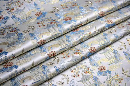 Chinese Pavilion Brocade Fabric | Vintage Landscape Jacquard | Ancient Architecture Pattern | Hanfu Decor Costume, 59"Wide