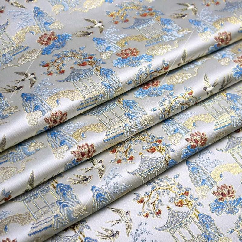 Chinese Pavilion Brocade Fabric | Vintage Landscape Jacquard | Ancient Architecture Pattern | Hanfu Decor Costume, 59"Wide